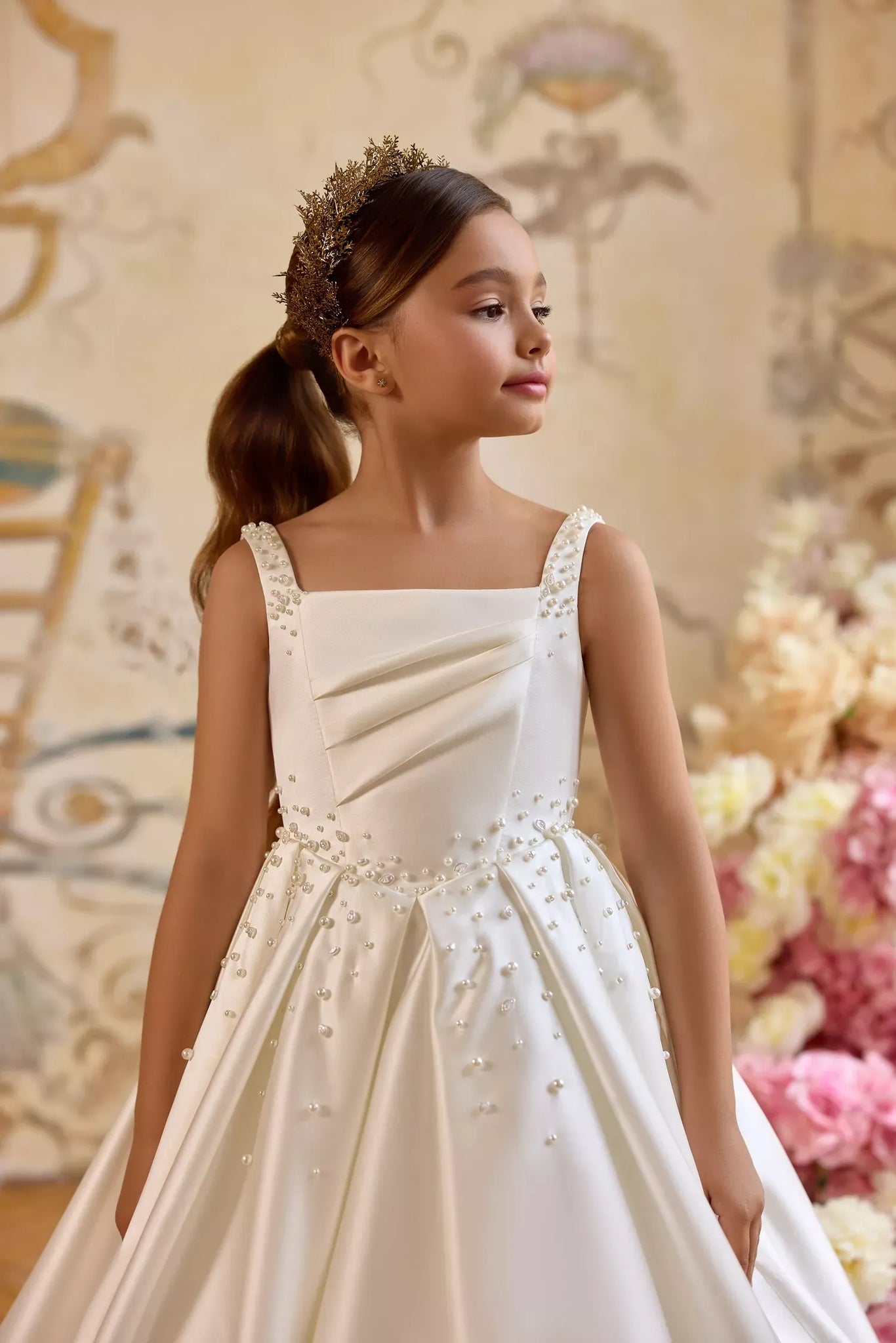 Pentelei 3827 pearl embellished ballgown with lace sleeves | Girls Formal Dress