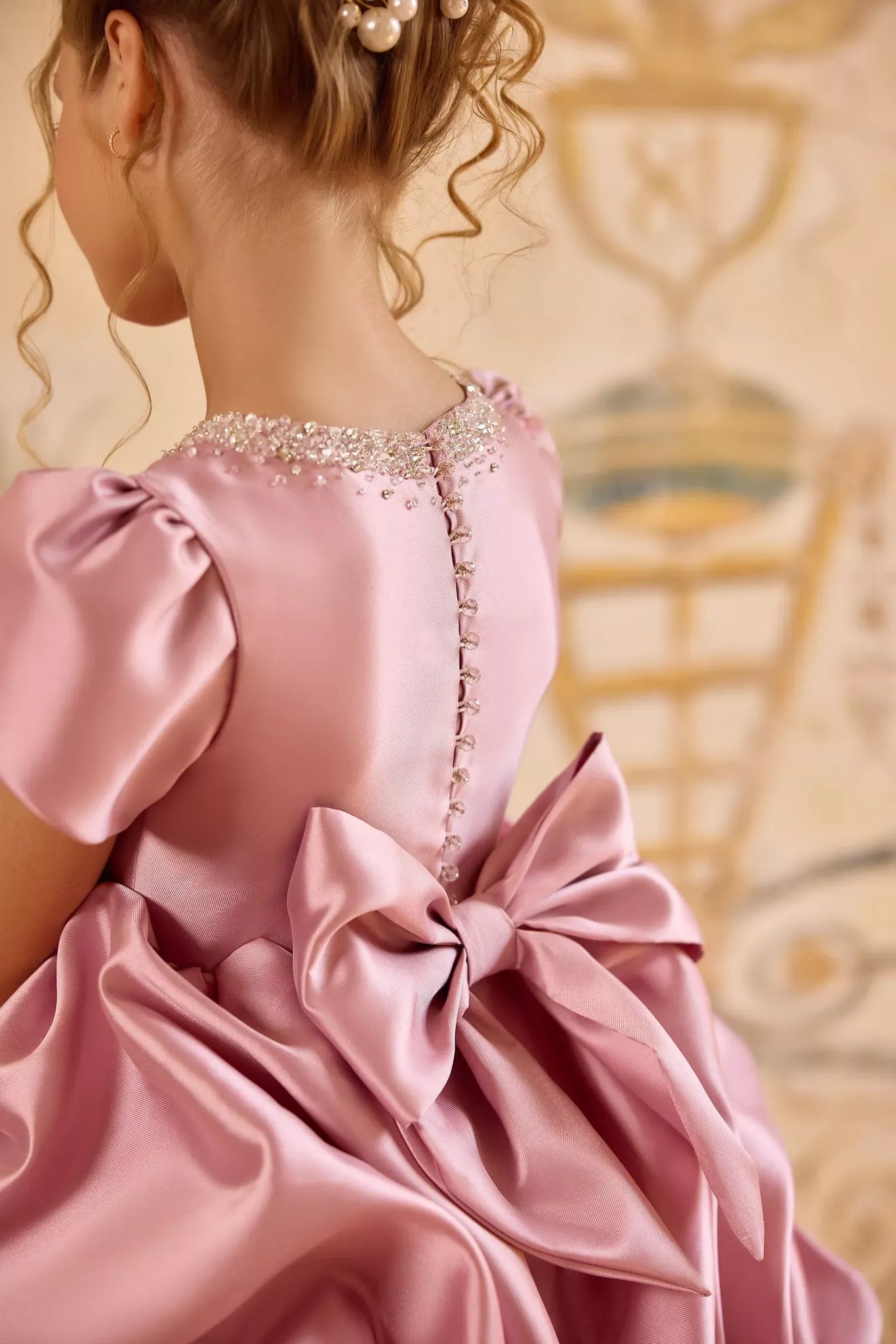 Pentelei 3833 ruffled statement gown with puff sleeves | Girls Formal Dress