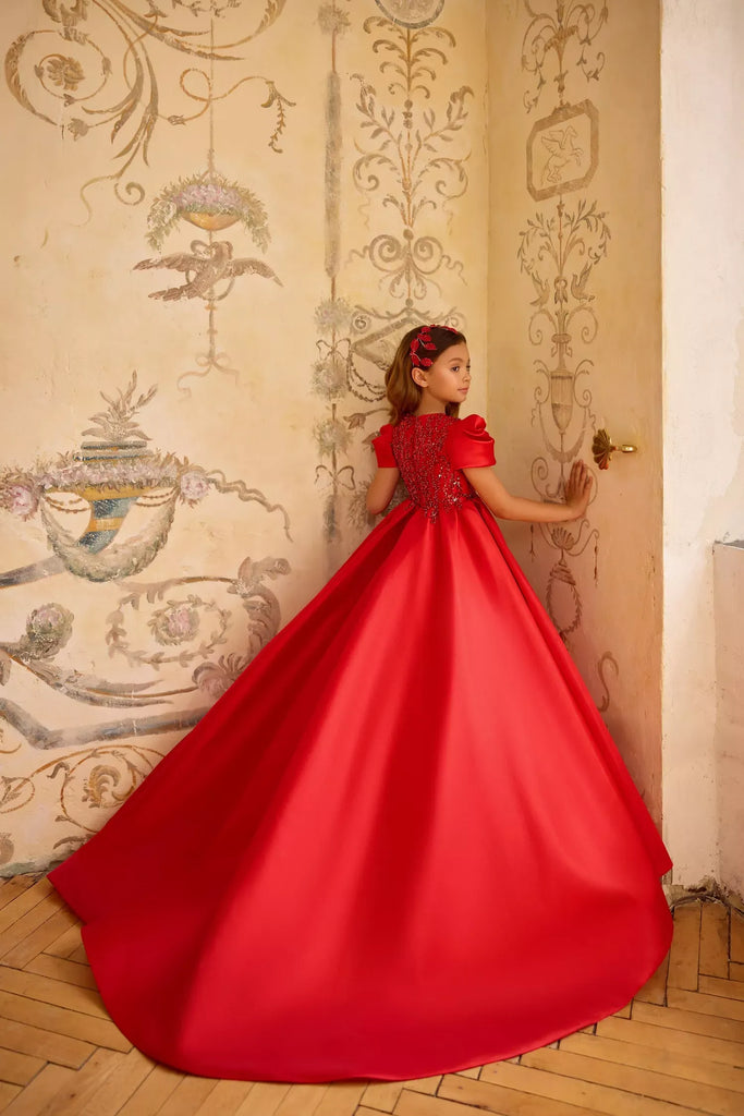 Pentelei 3843 embellished gown with structured sleeves and train | Girls Formal Dress