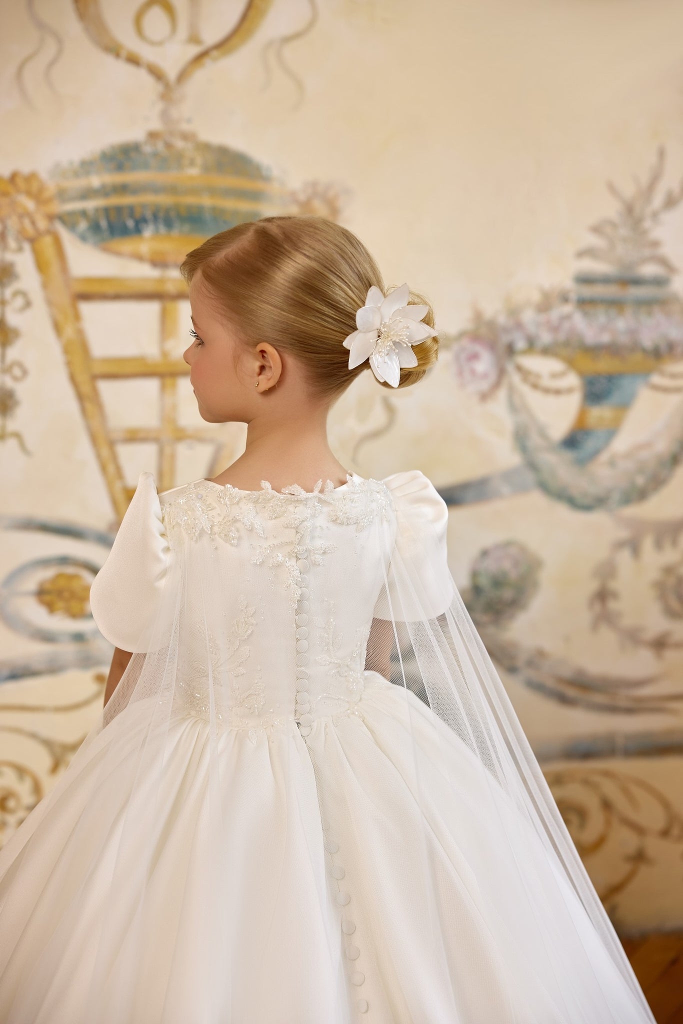 Pentelei 3828 structured gown with embroidery and button back | Girls Formal Dress