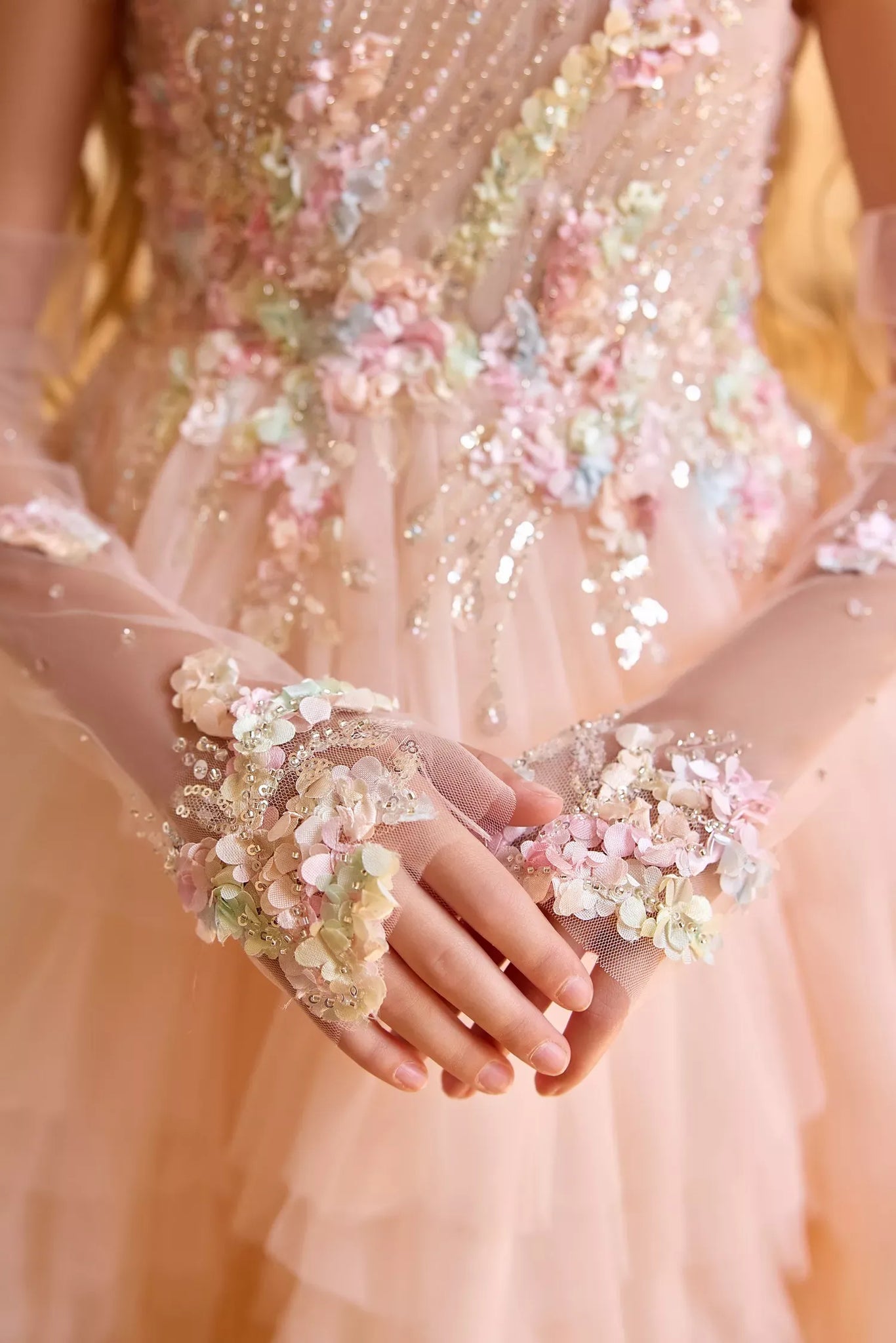 Pentelei 3822 ombre ruffle gown with embellished gloves | Girls Formal Dress