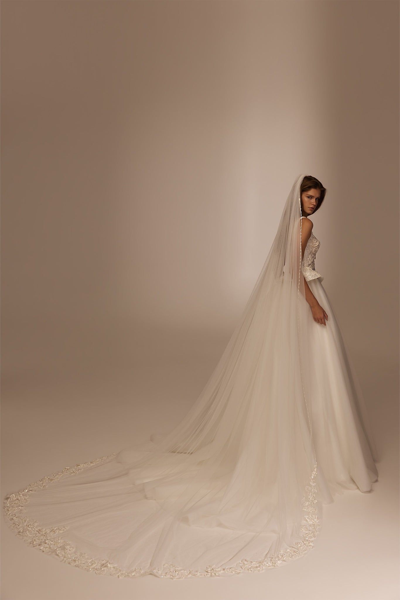 Model wearing a white wedding dress with a long lace veil