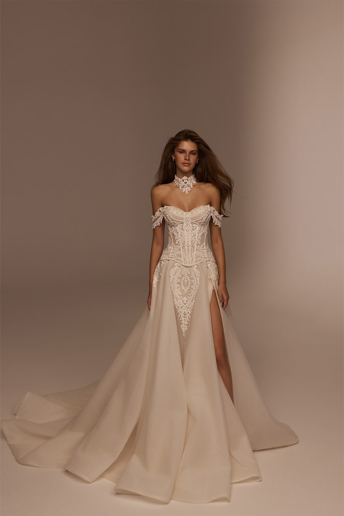 Off shoulder corset wedding dress with lace bodice and high leg slit