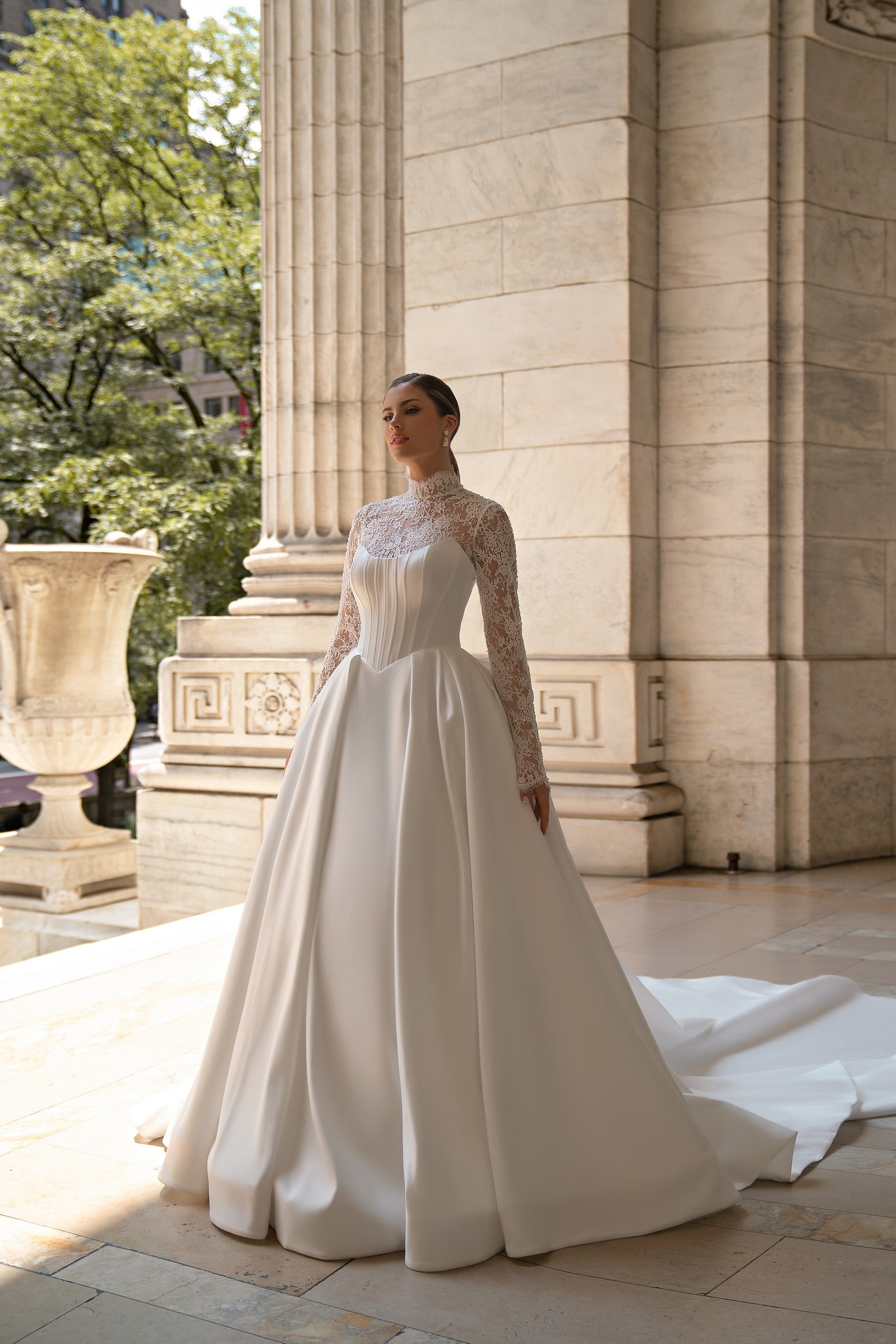 High Neck Lace Long Sleeve Bridal Gown with Bow Back