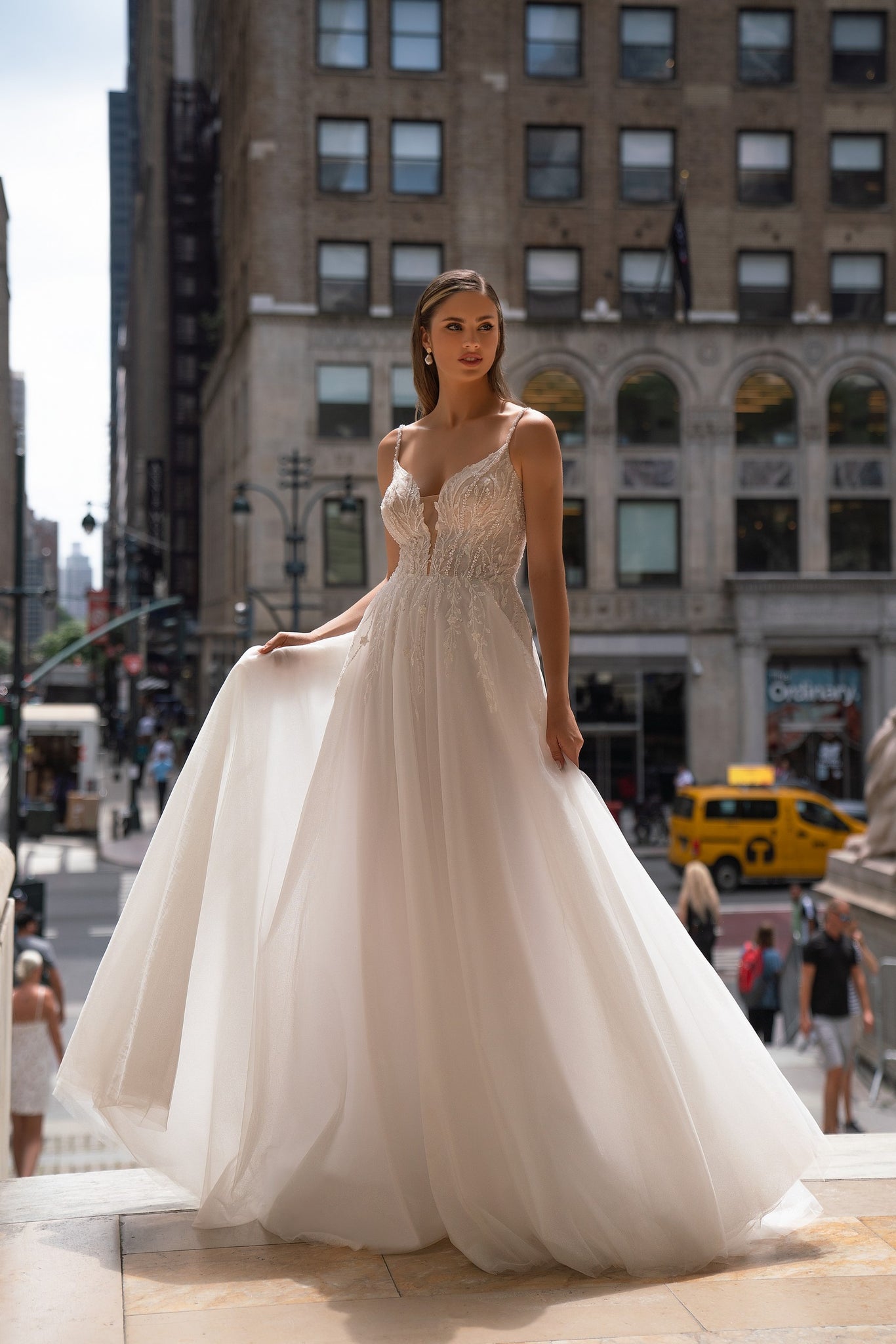 Beaded Strap Plunging Neckline Tulle Bridal Gown