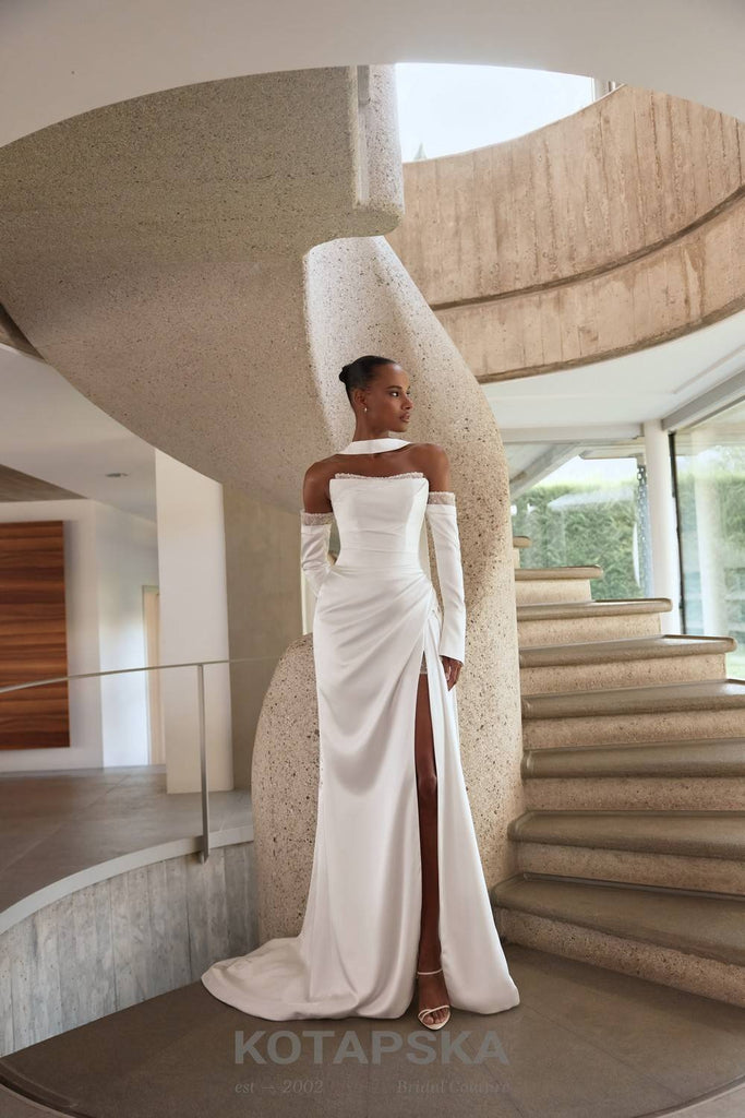 slim fit dress slacks V Neck Line Wedding Dress | Open Lace Back Wedding Dress main image 1