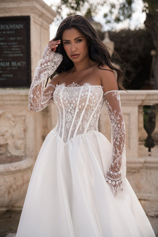 EMABRIDE 256 wedding dress with embroidered corset bodice, off-the-shoulder illusion long sleeves, basque waist, and full A-line skirt