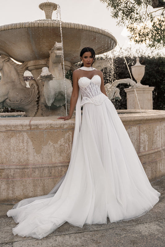 EMABRIDE 262 wedding dress with sweetheart strapless corset bodice, draped choker detail, and flowing A-line skirt