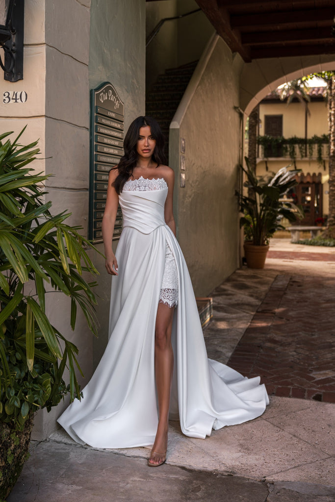 EMABRIDE strapless convertible wedding dress with removable overskirt, slit, and fitted short inner skirt