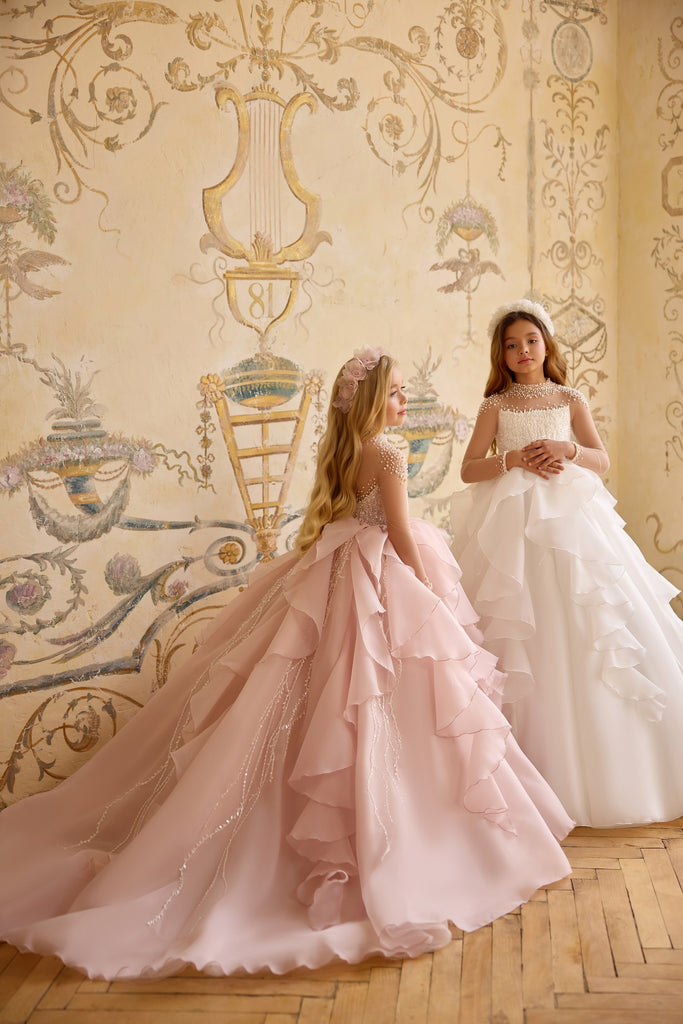Pentelei 3804 pearl-embellished gown with illusion neckline | Girls Formal Dress