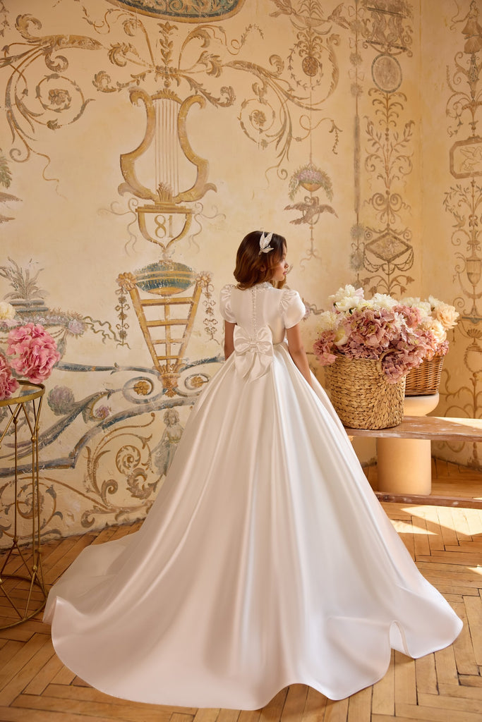 Pentelei 3807 elegant satin ball gown with pearl neckline | Girls Formal Dress