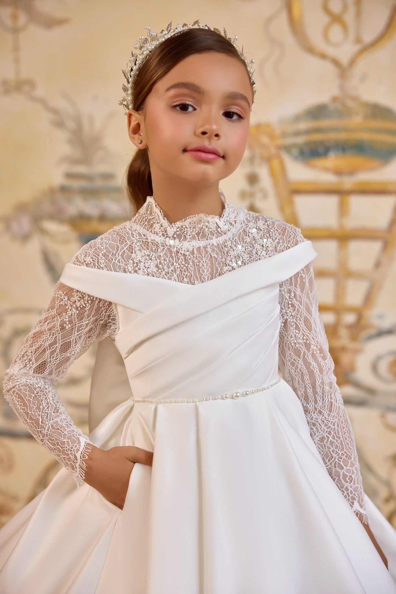 Pentelei 3817 refined gown with pleated bodice and bow back | Girls Formal Dress