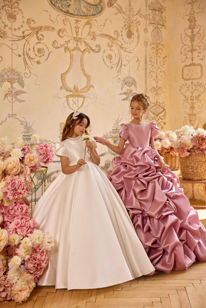 Pentelei 3807 elegant satin ball gown with pearl neckline | Girls Formal Dress