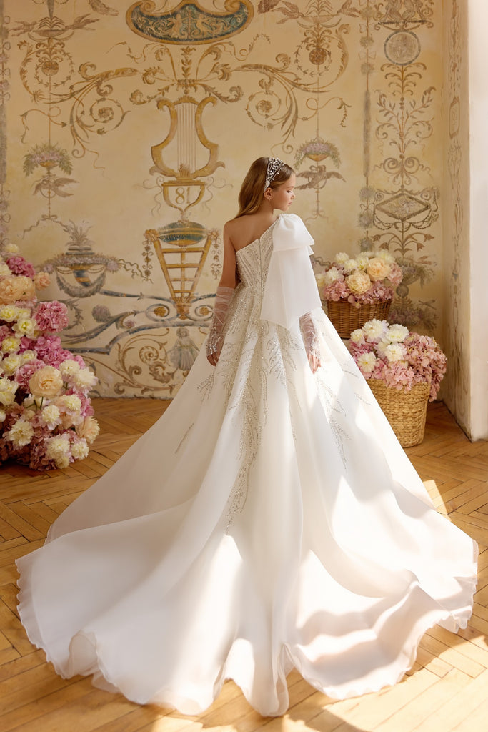 Pentelei 3808 one-shoulder gown with oversized bow and beadwork | Girls Formal Dress