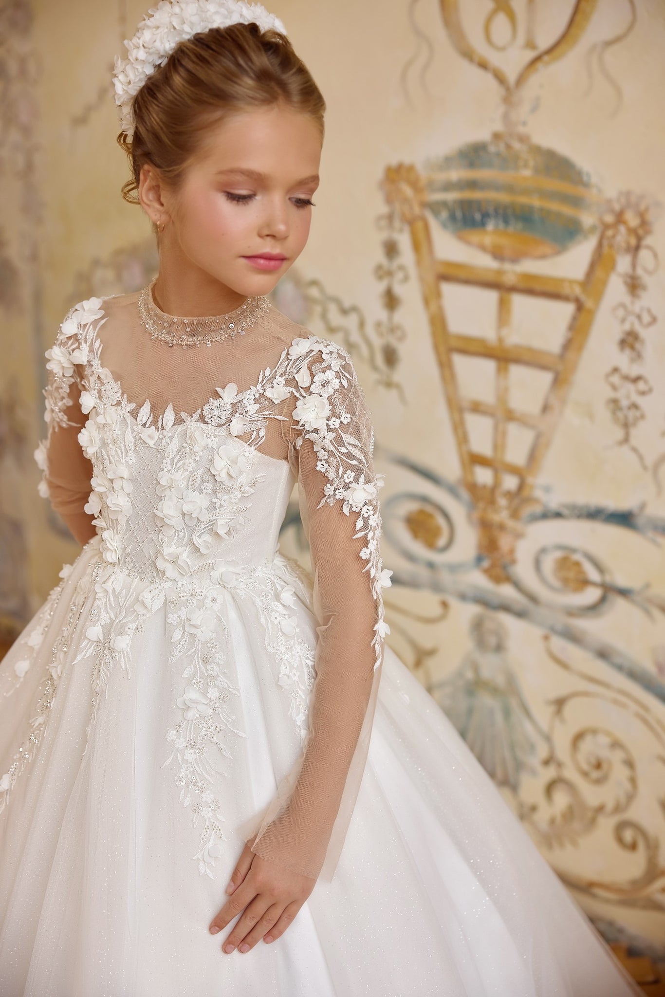 Pentelei 3832 floral applique gown with sheer neckline and open back | Girls Formal Dress