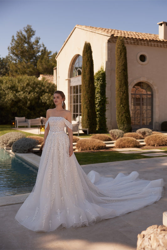 Strapless A-line wedding dress with floral lace embroidery and off-shoulder sleeves