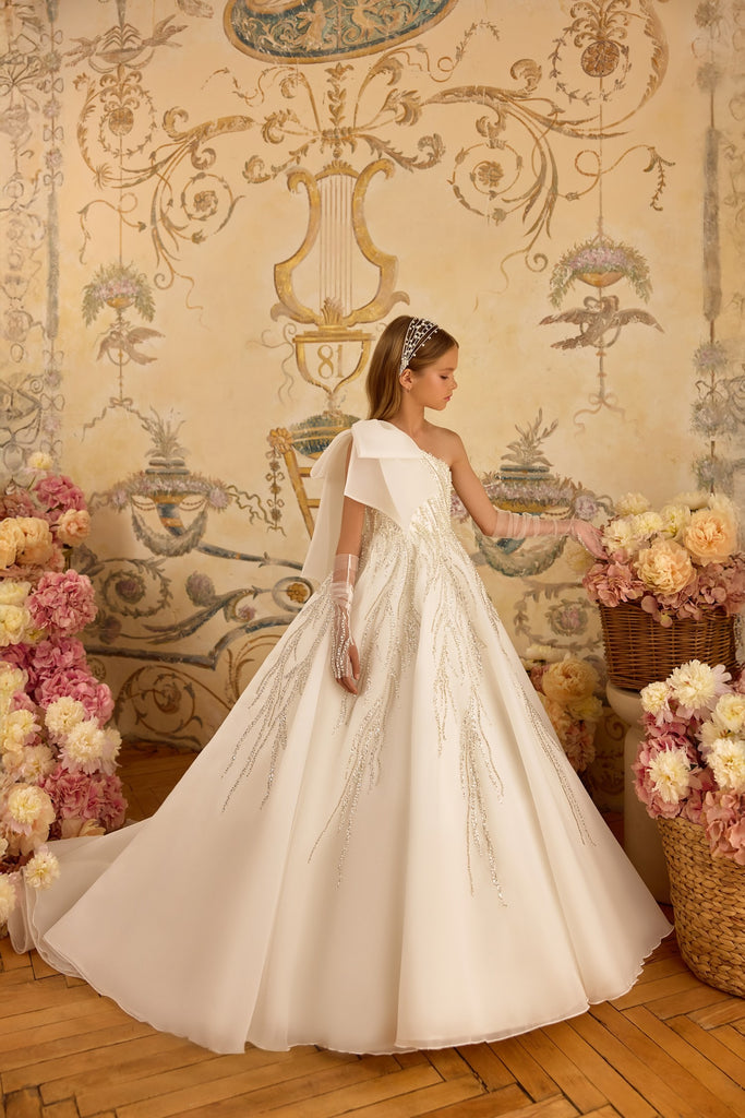 Pentelei 3808 one-shoulder gown with oversized bow and beadwork | Girls Formal Dress