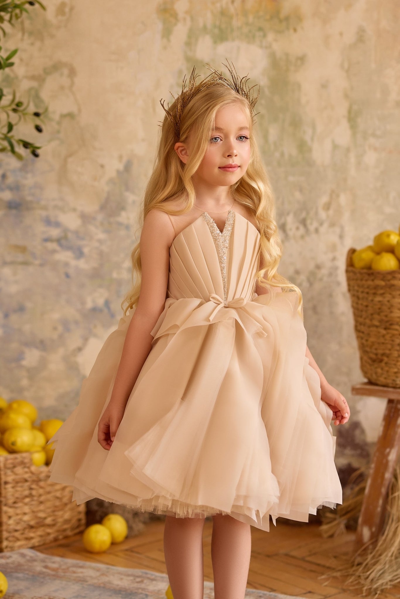 Pentelei 3811 v-neck flower girl dress with bow waist | Girls Formal Dress
