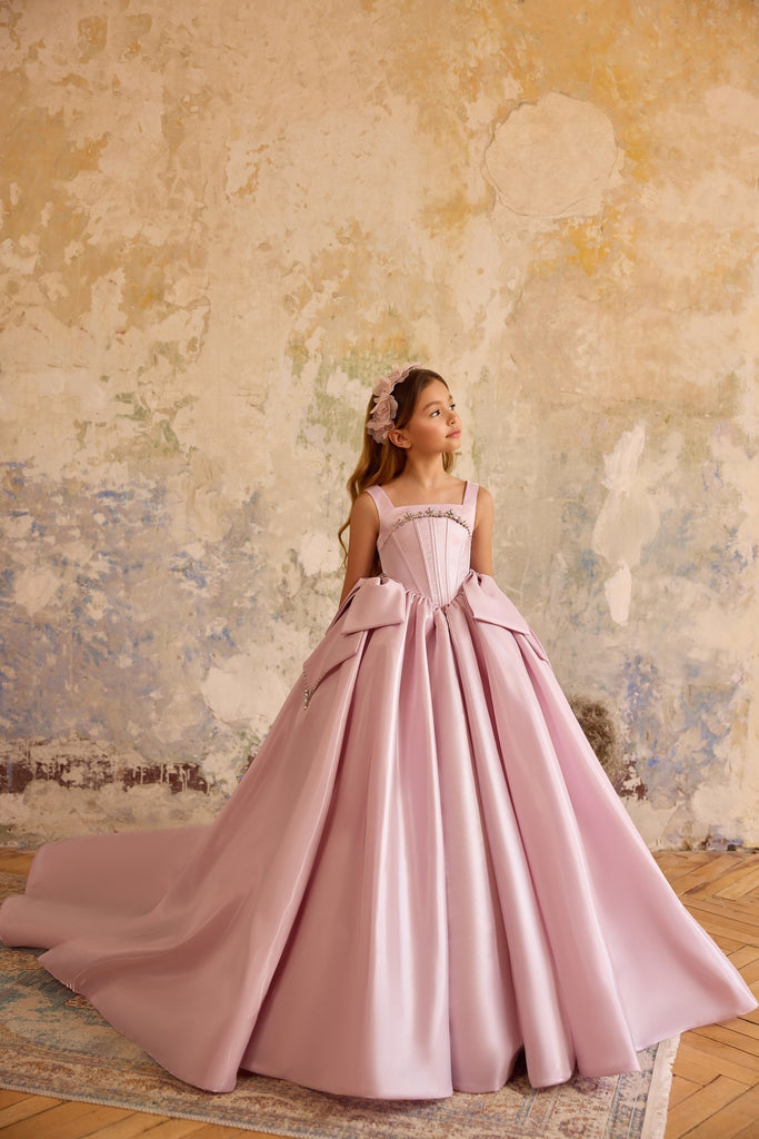 Pentelei 3818 ball gown with oversized bows and beaded neckline | Girls Formal Dress