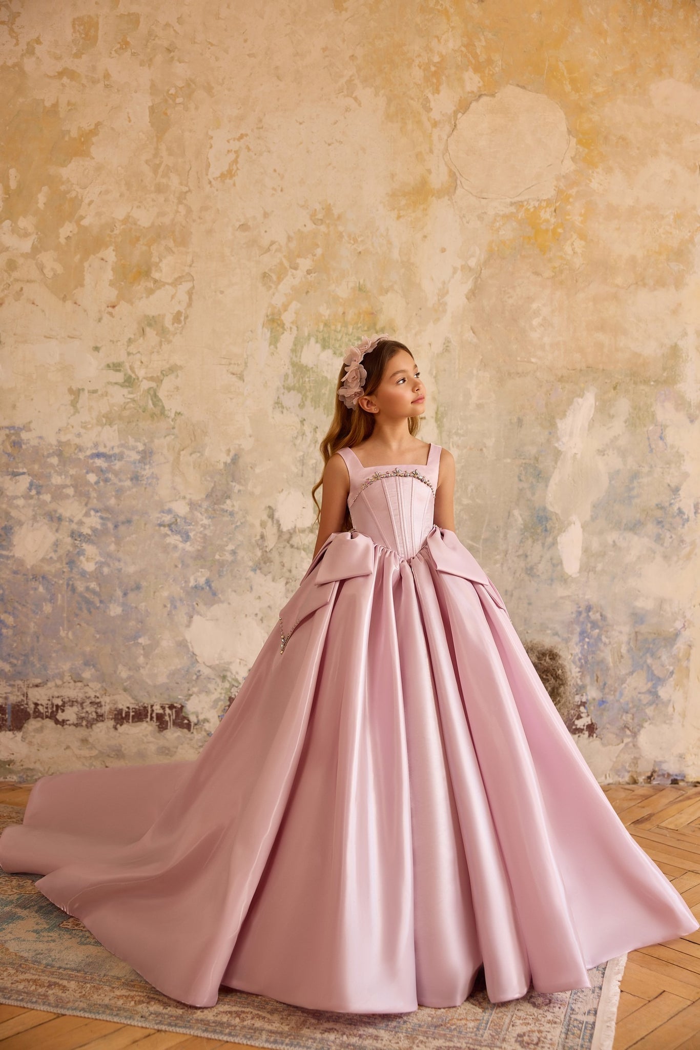 Pentelei 3818 ball gown with oversized bows and beaded neckline | Girls Formal Dress