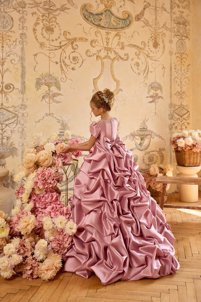Pentelei 3833 ruffled statement gown with puff sleeves | Girls Formal Dress