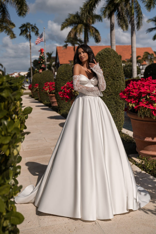 EMABRIDE 257 wedding dress with draped off-the-shoulder bodice, detachable embellished sleeves, lace up half back, and full ball gown skirt
