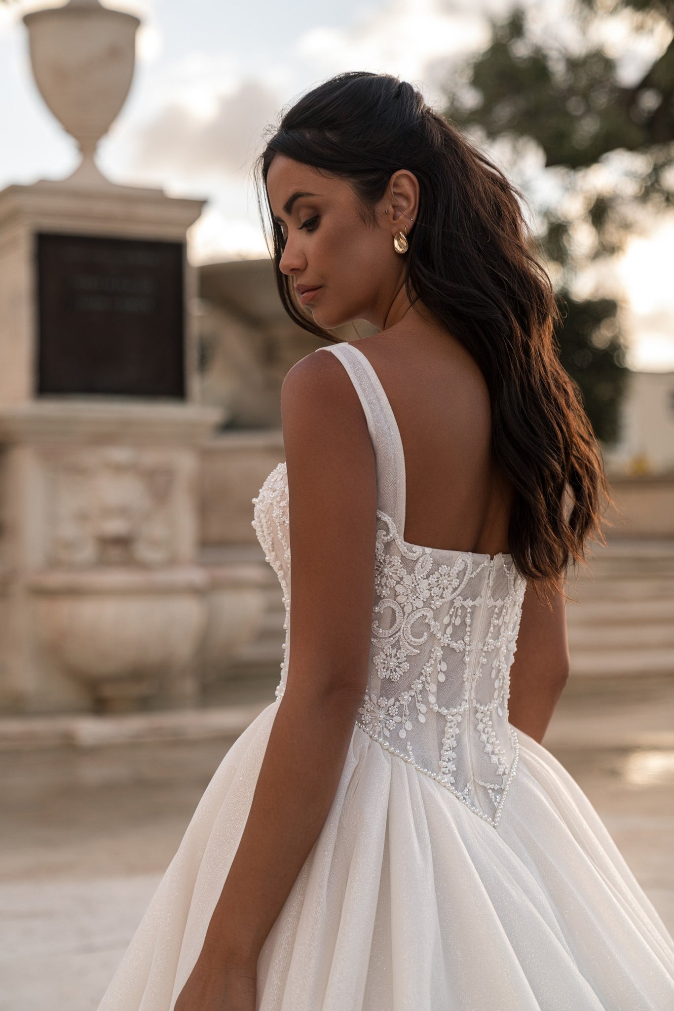 EMABRIDE 267 wedding dress with wide straps, embroidered corset back, pointed waist, and full ball gown skirt