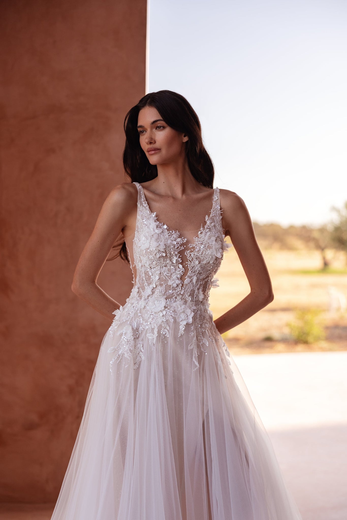 Floral Applique A-Line Gown with Deep Neckline