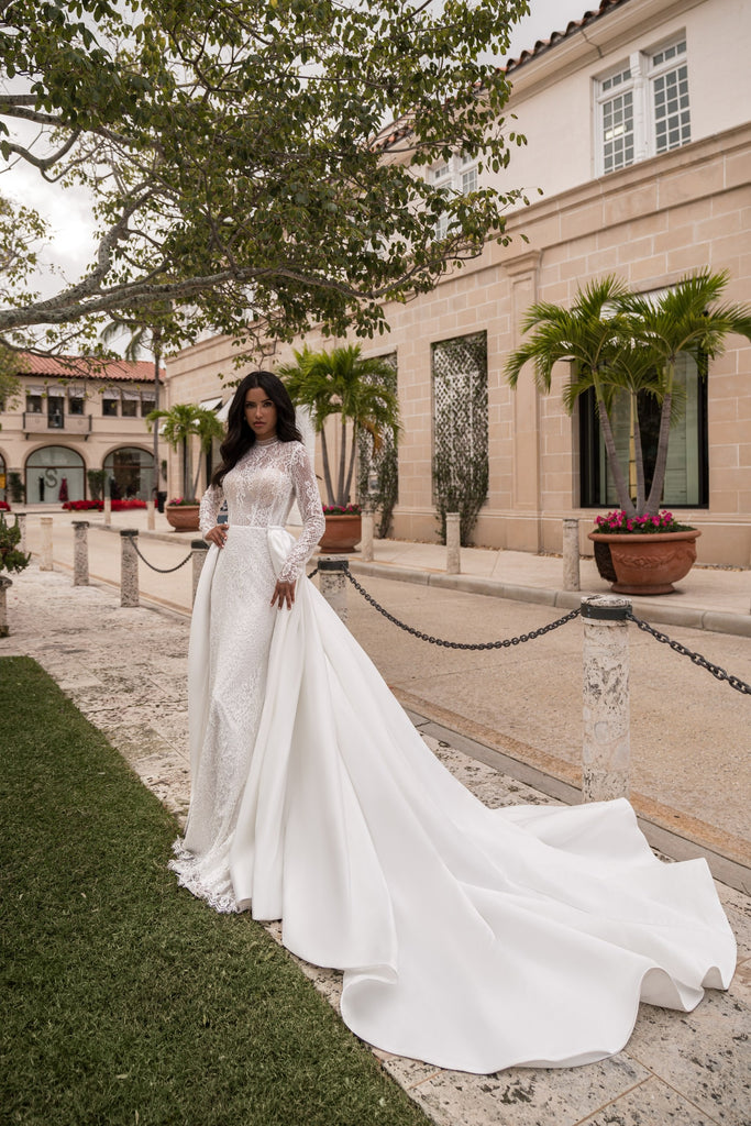 EMABRIDE 280 fitted lace wedding dress with sheer high neckline, long sleeves, and detachable overskirt