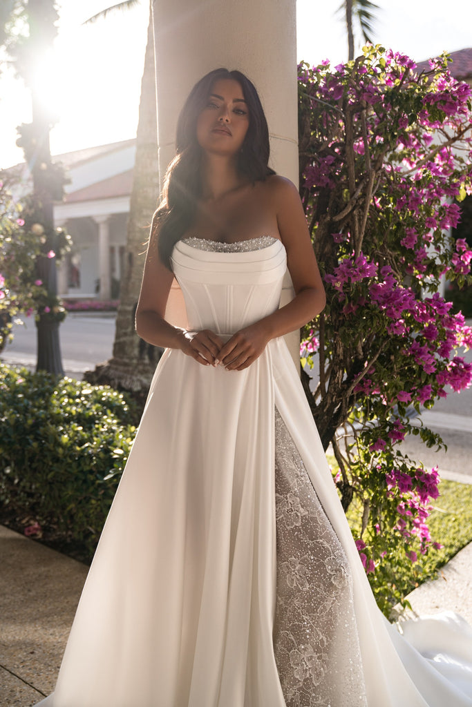EMABRIDE convertible ball gown wedding dress with draped off-the-shoulder neckline, detachable sleeves, slit skirt with lace underlay, and structured bodice