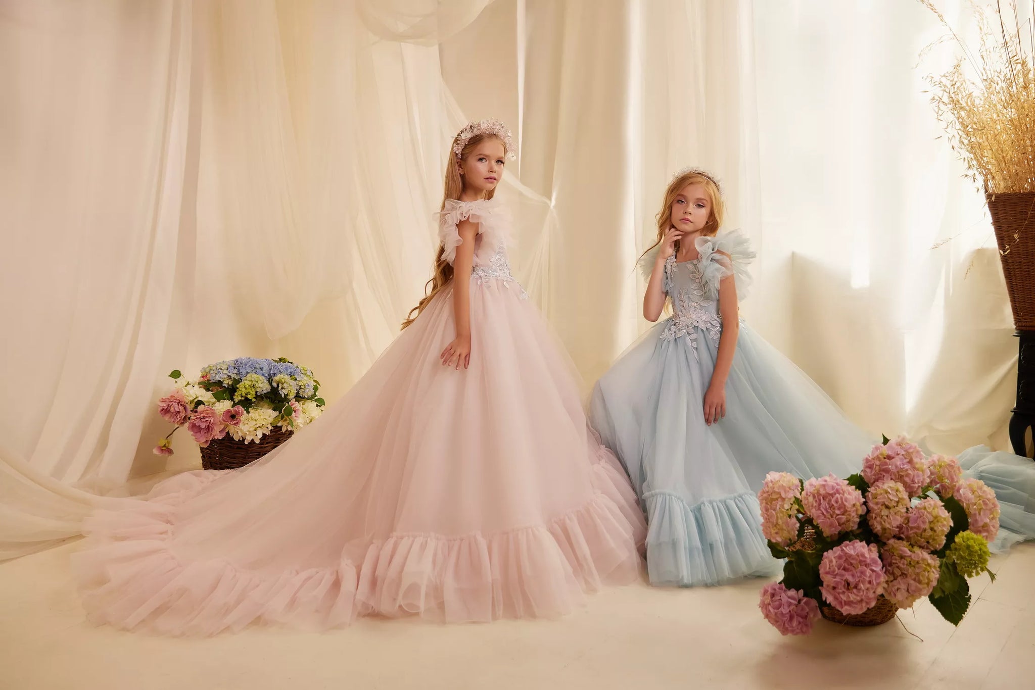 Pentelei 3632 whimsical sophistication: understated bodice, lace leaves, and cascading chiffon layers for young girls | Girls Formal Dress
