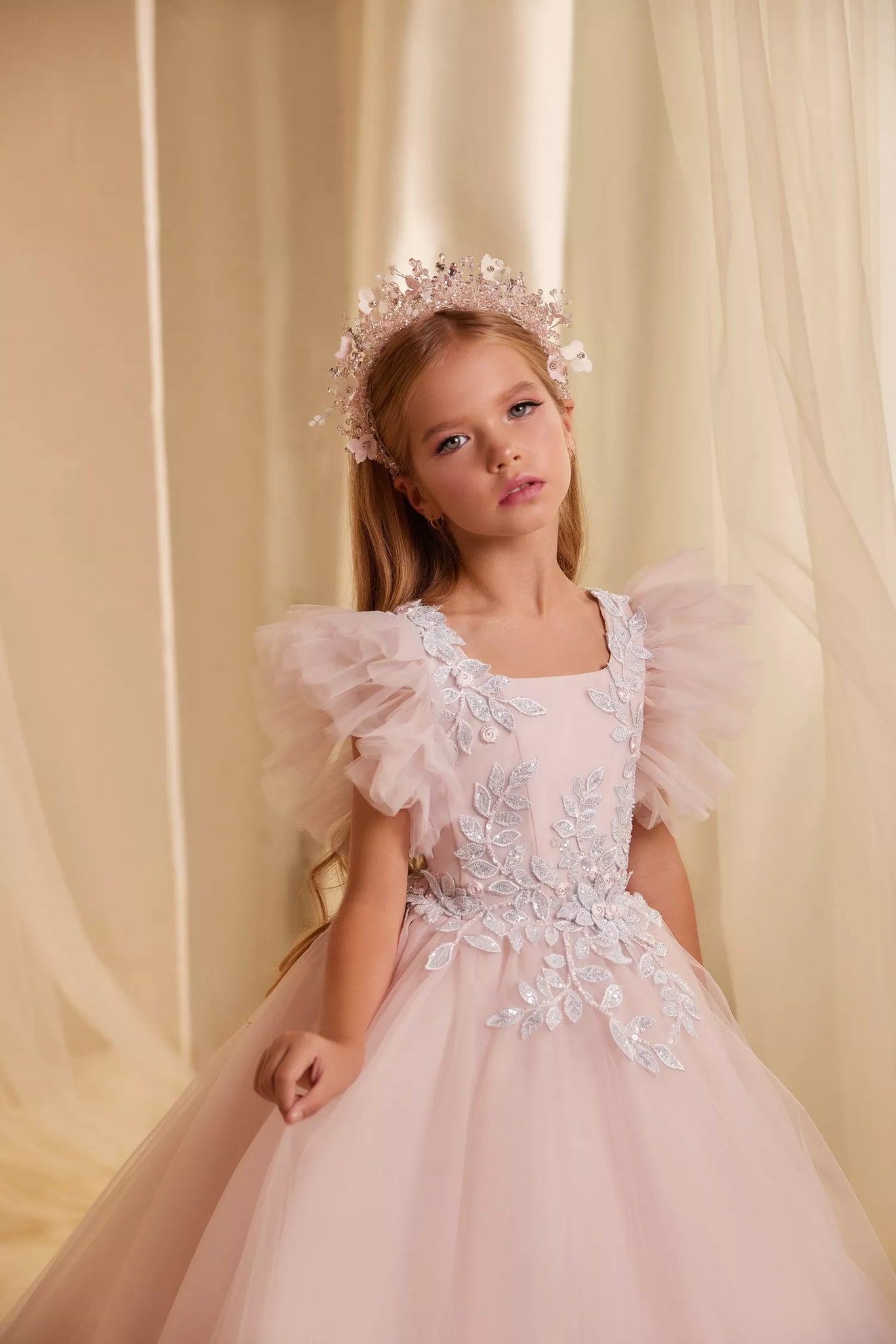 Pentelei 3632 whimsical sophistication: understated bodice, lace leaves, and cascading chiffon layers for young girls | Girls Formal Dress