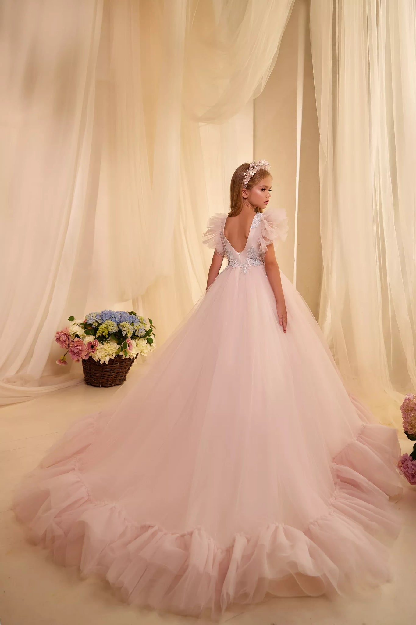Pentelei 3632 whimsical sophistication: understated bodice, lace leaves, and cascading chiffon layers for young girls | Girls Formal Dress