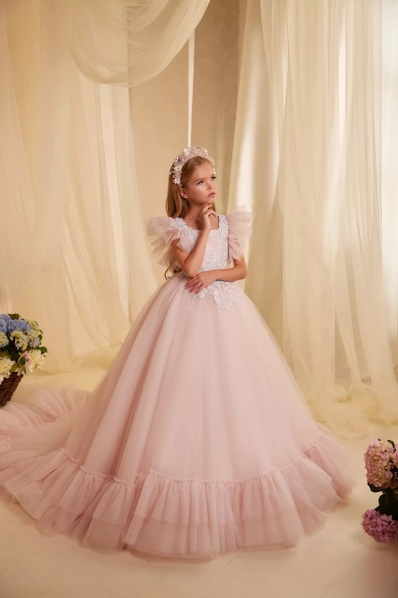 Pentelei 3632 whimsical sophistication: understated bodice, lace leaves, and cascading chiffon layers for young girls | Girls Formal Dress
