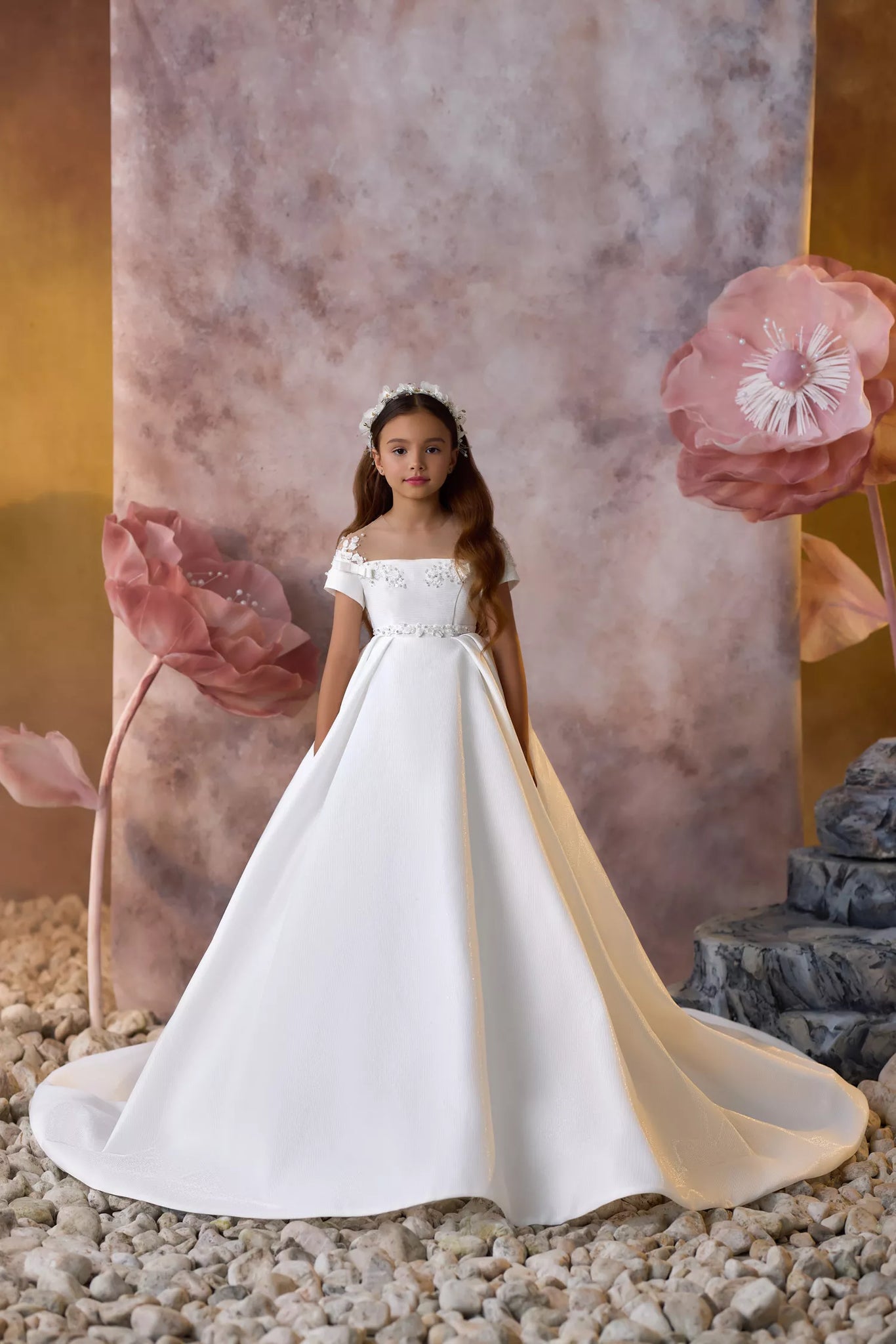 Pentelei 3729 children's gown with floral appliques, sheer illusion neckline, and a-line silhouette  | Girls Formal Dress