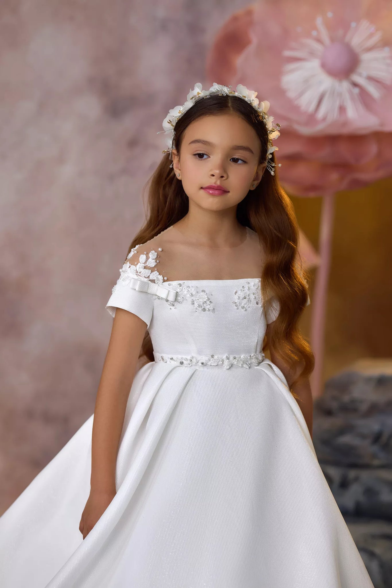 Pentelei 3729 children's gown with floral appliques, sheer illusion neckline, and a-line silhouette  | Girls Formal Dress