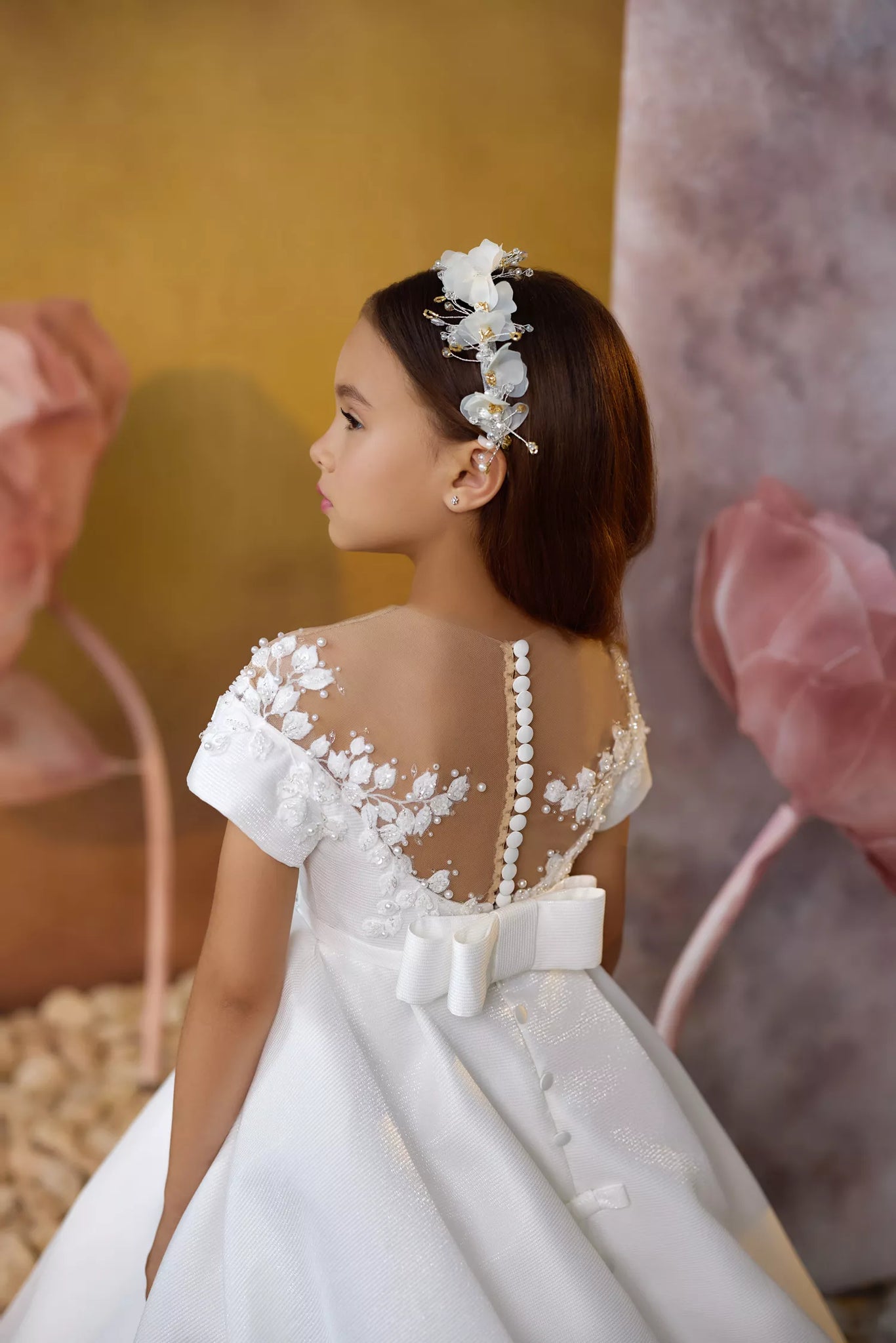 Pentelei 3729 children's gown with floral appliques, sheer illusion neckline, and a-line silhouette  | Girls Formal Dress
