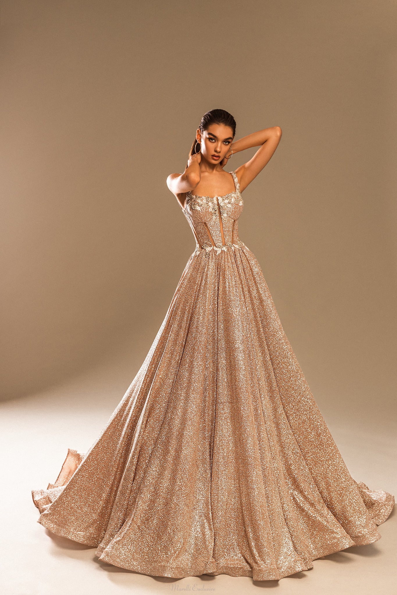 Sparkle bodice A-line wedding dress, golden leaf detailing, waist cutouts, sexy oomph 10 / Champagne Sparkle bodice A-line wedding dress, golden leaf detailing, waist cutouts, sexy oomph 10 / Champagne