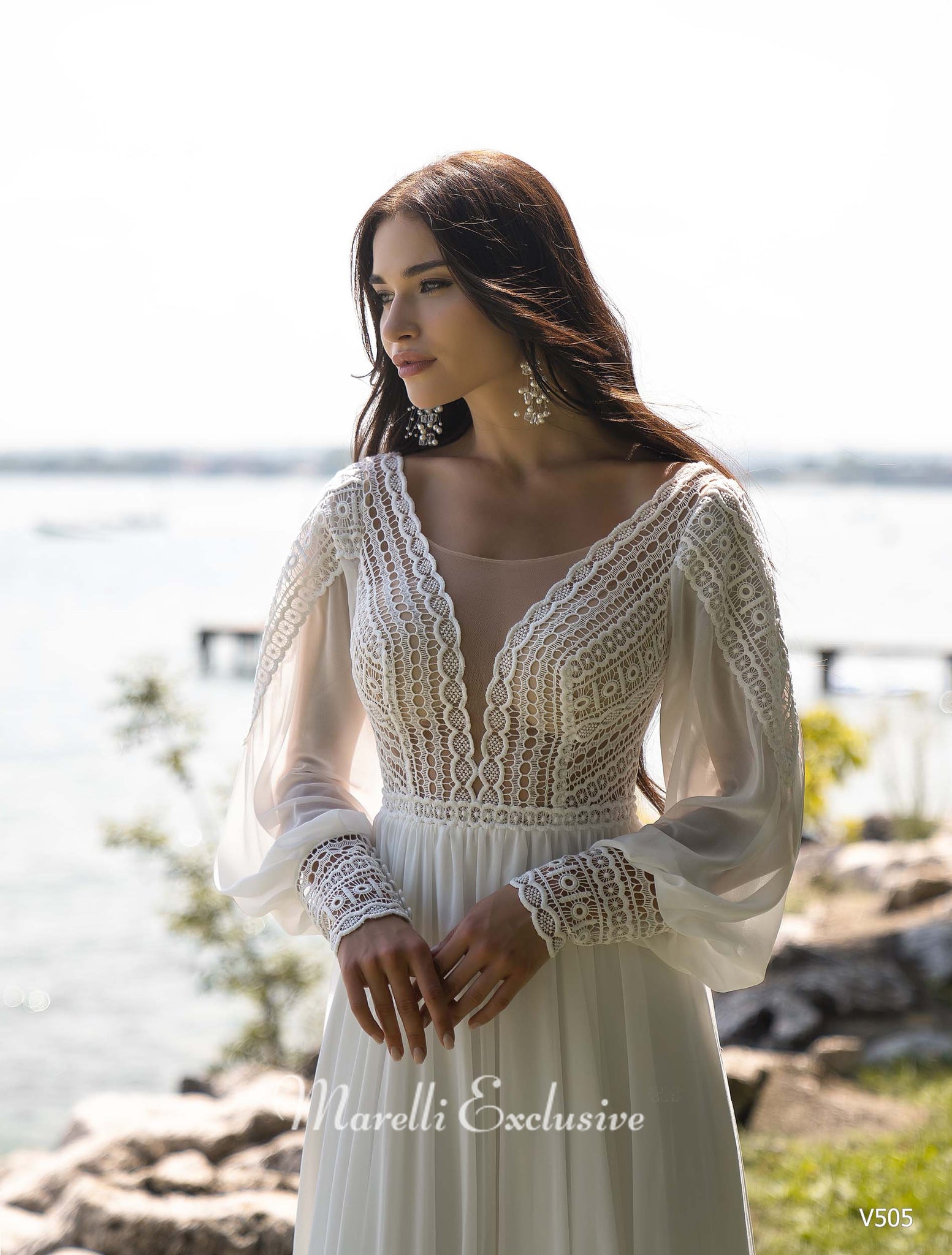 Bohemian A-line Wedding Dress, Wedding Gown, Long Sleeve, V Neck, Boho Marelli Exclusive Bohemian A-line Wedding Dress, Wedding Gown, Long Sleeve, V Neck, Boho Marelli Exclusive
