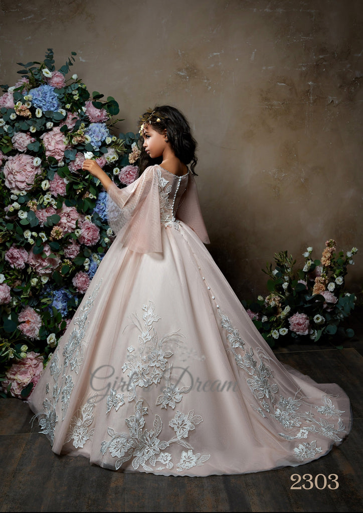 Pentelei 2303 a sparkling tulle skirt and delicate short sleeves create an enchanting look  | Girls Formal Dress