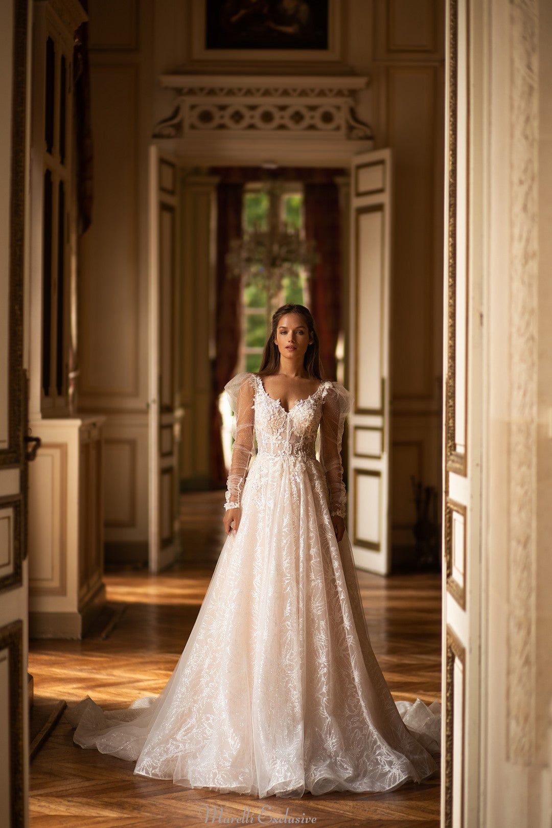 Magical Fairy-Tale-Inspired: Glittery U-Shaped Corset Wedding Dress with Long Lantern Sleeves 12 / Nude Magical Fairy-Tale-Inspired: Glittery U-Shaped Corset Wedding Dress with Long Lantern Sleeves 12 / Nude