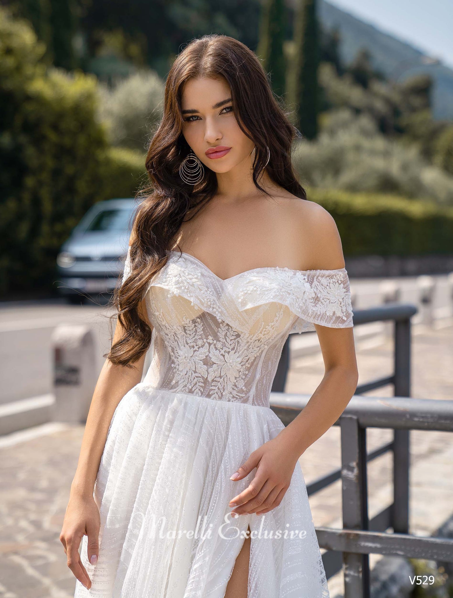 Bohemian A-line Wedding Dress, Wedding Gown, Short Sleeve, V Neck, Boho, Side Slit Marelli Exclusive Bohemian A-line Wedding Dress, Wedding Gown, Short Sleeve, V Neck, Boho, Side Slit Marelli Exclusive