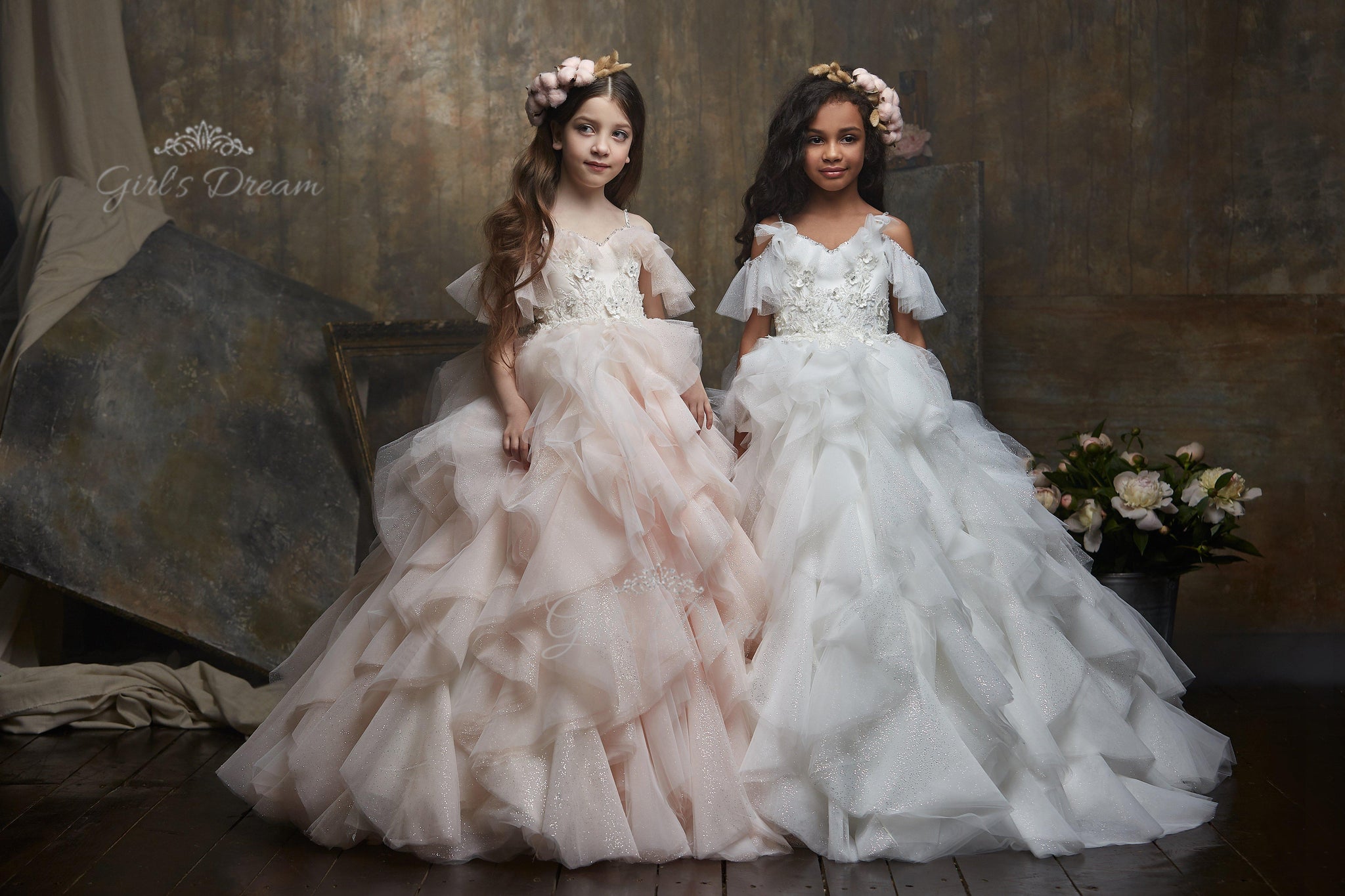 Pentelei 3005 elegant off-the-shoulder dress with sparkling tulle skirt  | Girls Formal Dress