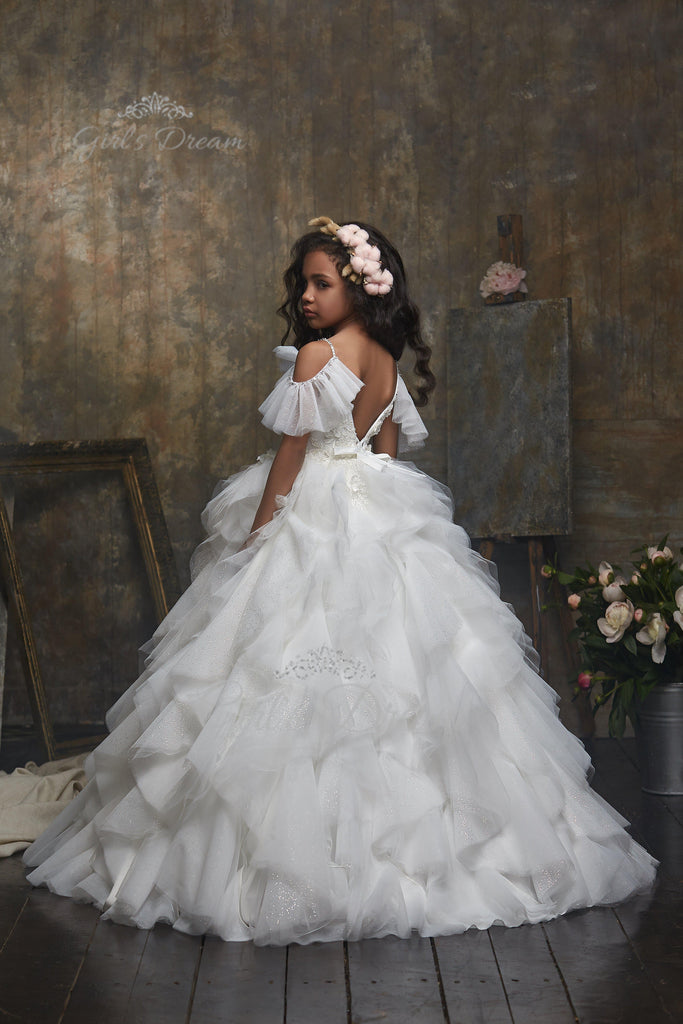 Pentelei 3005 elegant off-the-shoulder dress with sparkling tulle skirt  | Girls Formal Dress