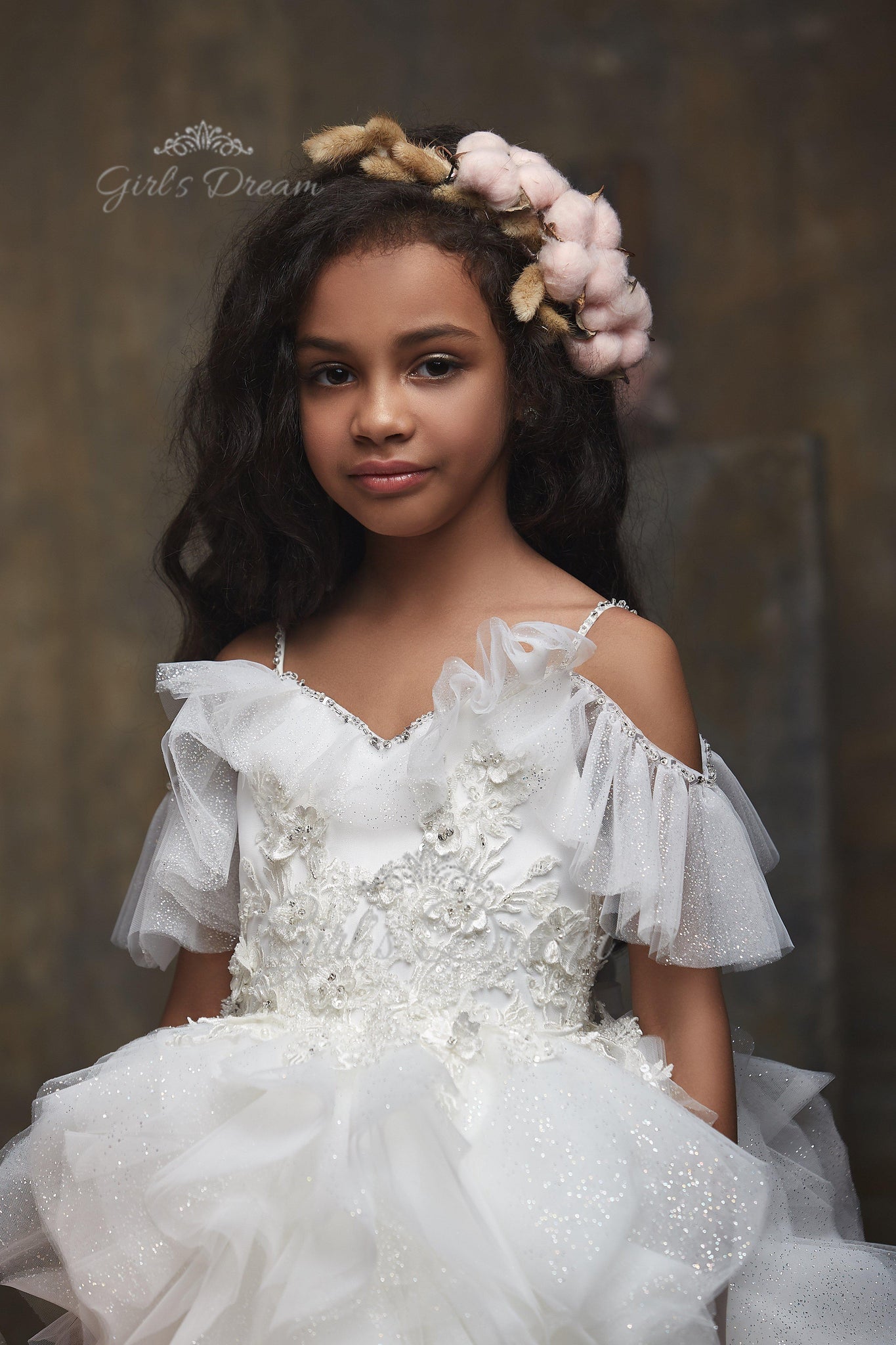 Pentelei 3005 elegant off-the-shoulder dress with sparkling tulle skirt  | Girls Formal Dress