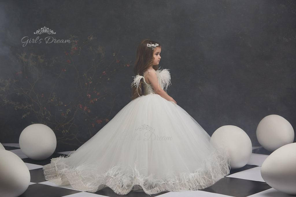 Pentelei 3007 glamorous feather and rhinestone adorned dress  | Girls Formal Dress