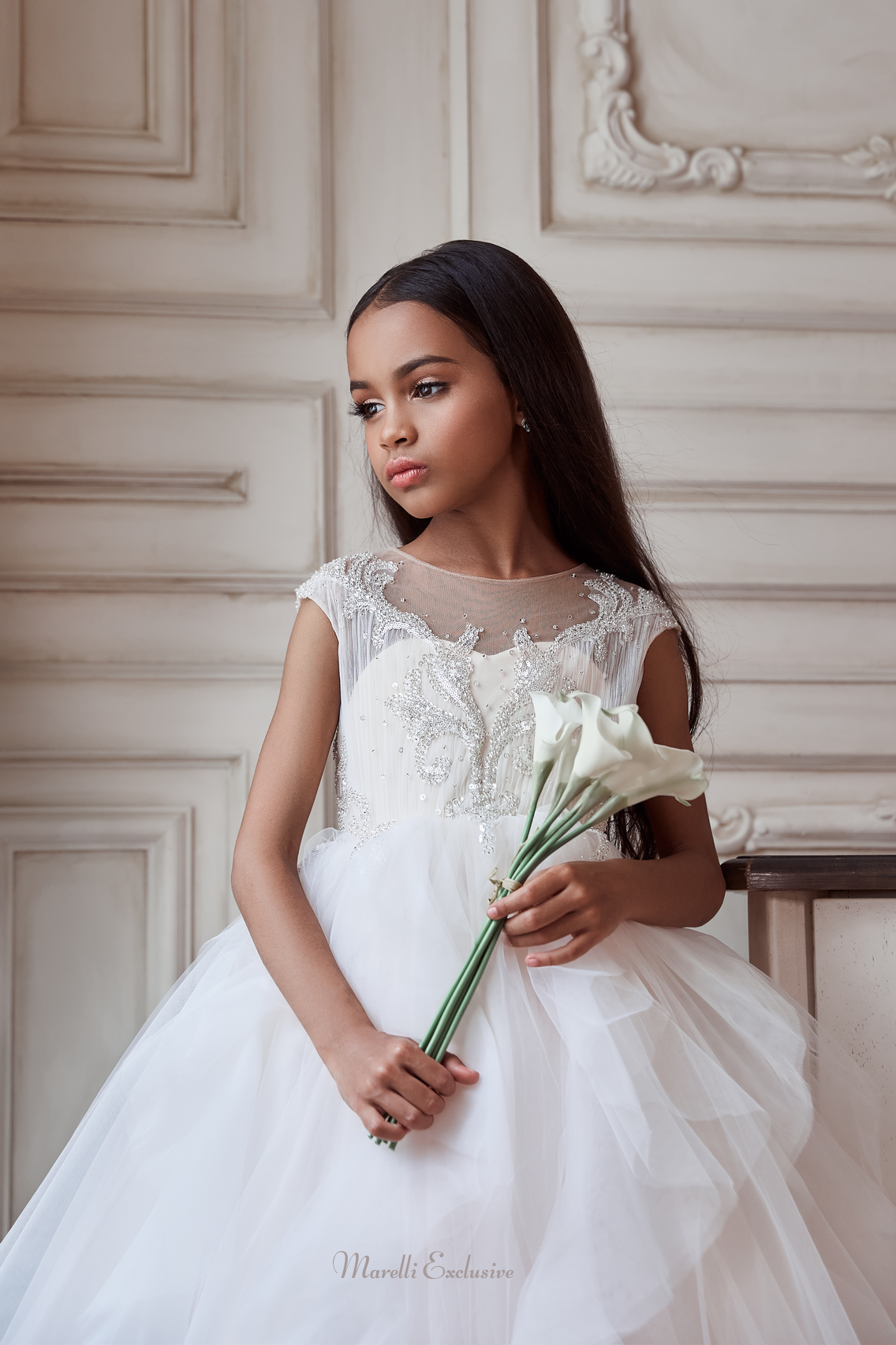 Pentelei 3129 a dreamy white gown: floral lace and tulle for special occasions  | Girls Formal Dress