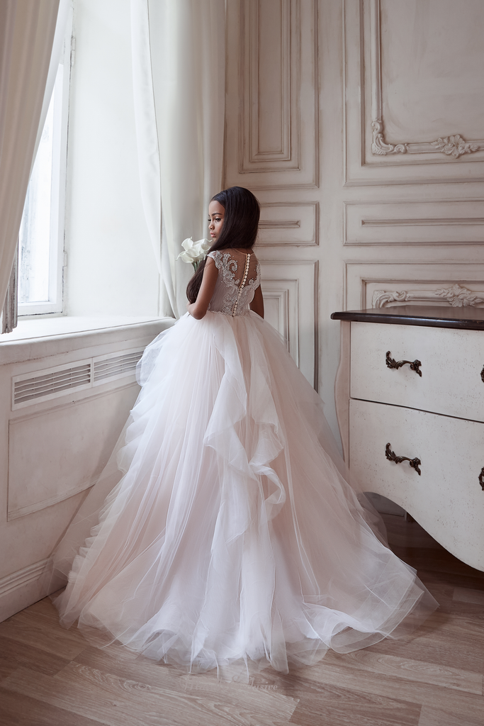 Pentelei 3129 a dreamy white gown: floral lace and tulle for special occasions  | Girls Formal Dress