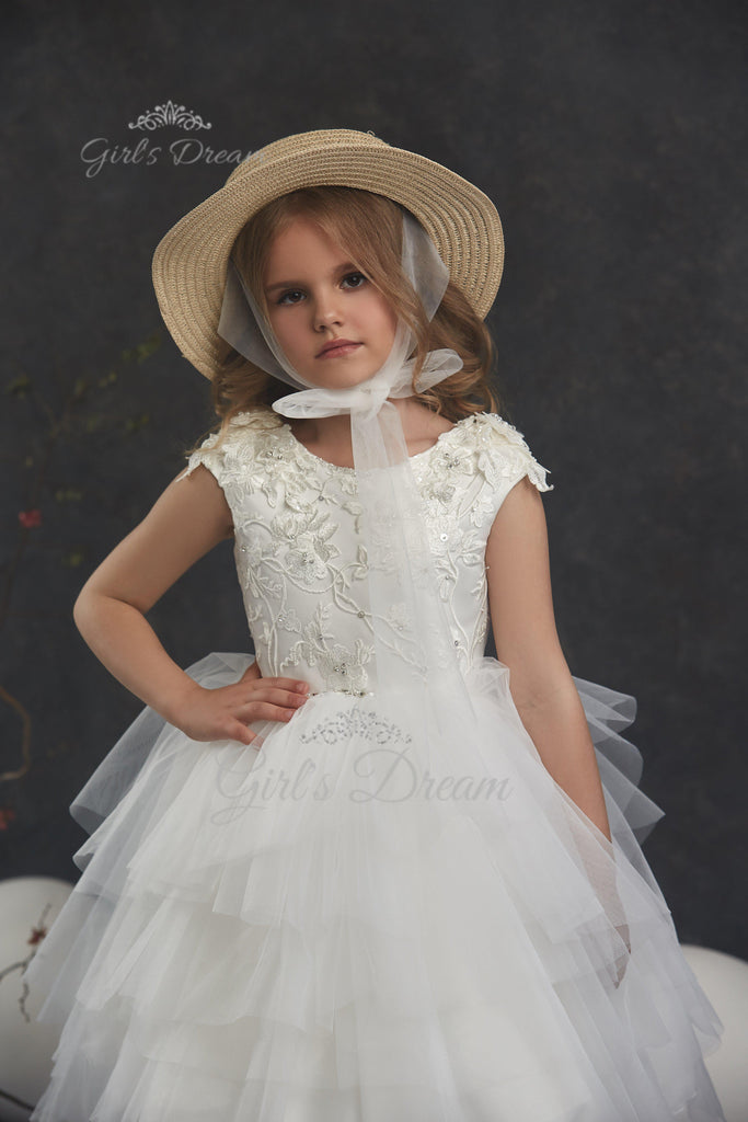 Pentelei 3037 multi-tiered tulle high-low dress with floral accents  | Girls Formal Dress