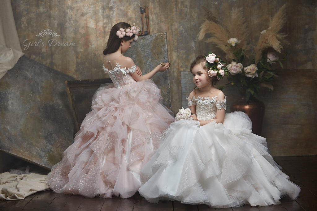 Pentelei 3039 off-shoulder dress with 3d flower appliques  | Girls Formal Dress
